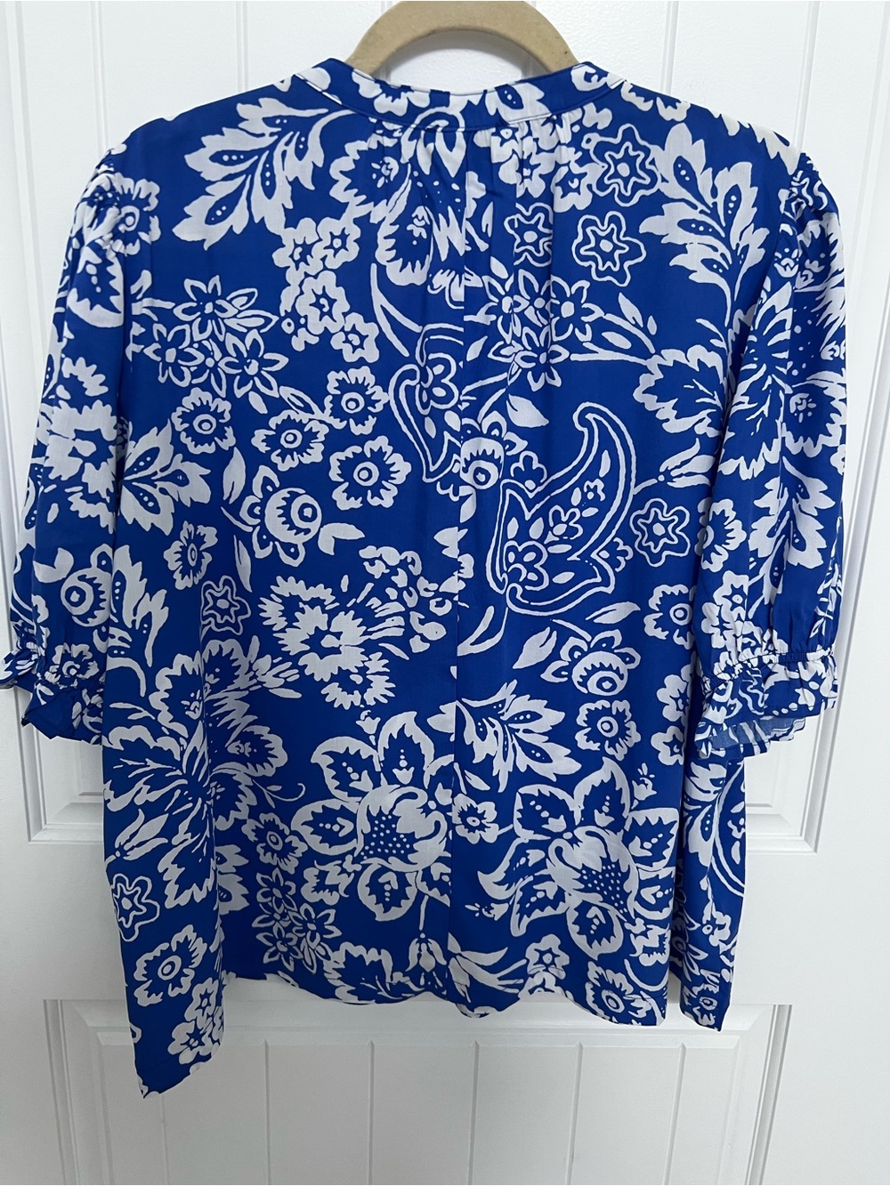 Blue & White Floral Embroidered V-Neck Blouse - Picture 7 of 9
